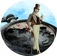 Image of a Victorian gentleman in a top hat in front of a pocket watch